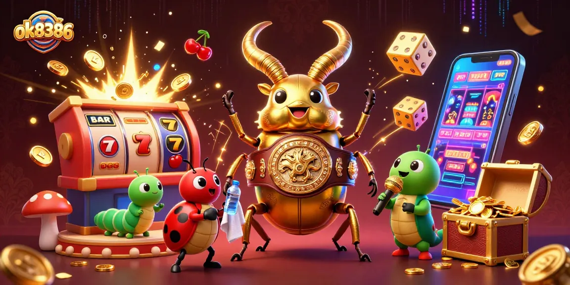 Spin the reels with ok8386's colorful casino scene showcasing a giant beetle and exciting jackpot!