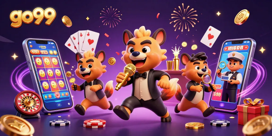 Experience fun at go99 casino with playful hyenas in a vibrant scene full of gaming elements.