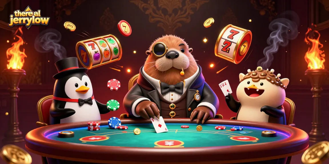 Engage in thrilling gambling action with therealjerrylow's vibrant digital casino illustration featuring a walrus, penguin dealer, and pufferfish in a poker scene.
