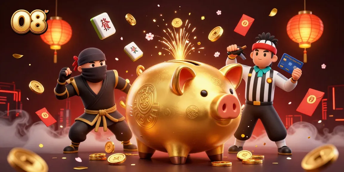 O8 entertains players with a dynamic scene of gaming excitement through golden piggy banks and festive elements.