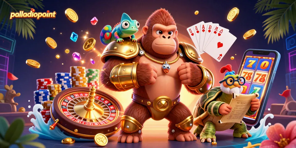 Experience thrilling gameplay at palladiopoint with cartoon characters enjoying casino elements like slots and poker.
