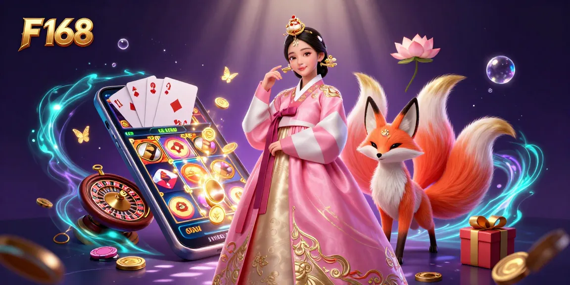 Play exciting games at F 168 with vibrant slot reels and captivating characters in a dynamic casino illustration.