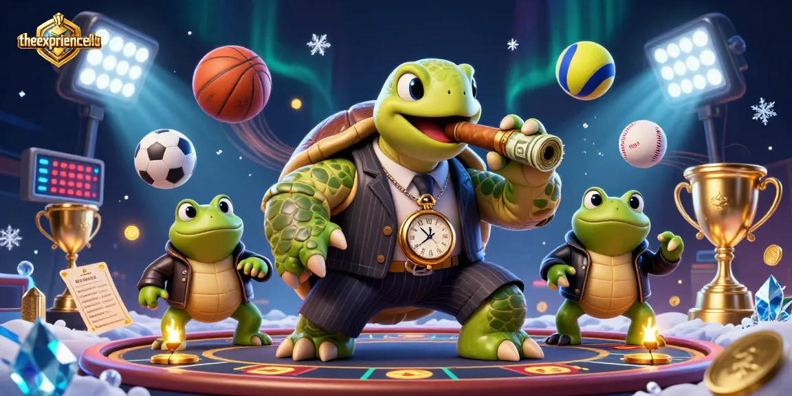 theexperiencelive showcases an exciting casino scene with a mobster turtle and bullfrog enforcers.