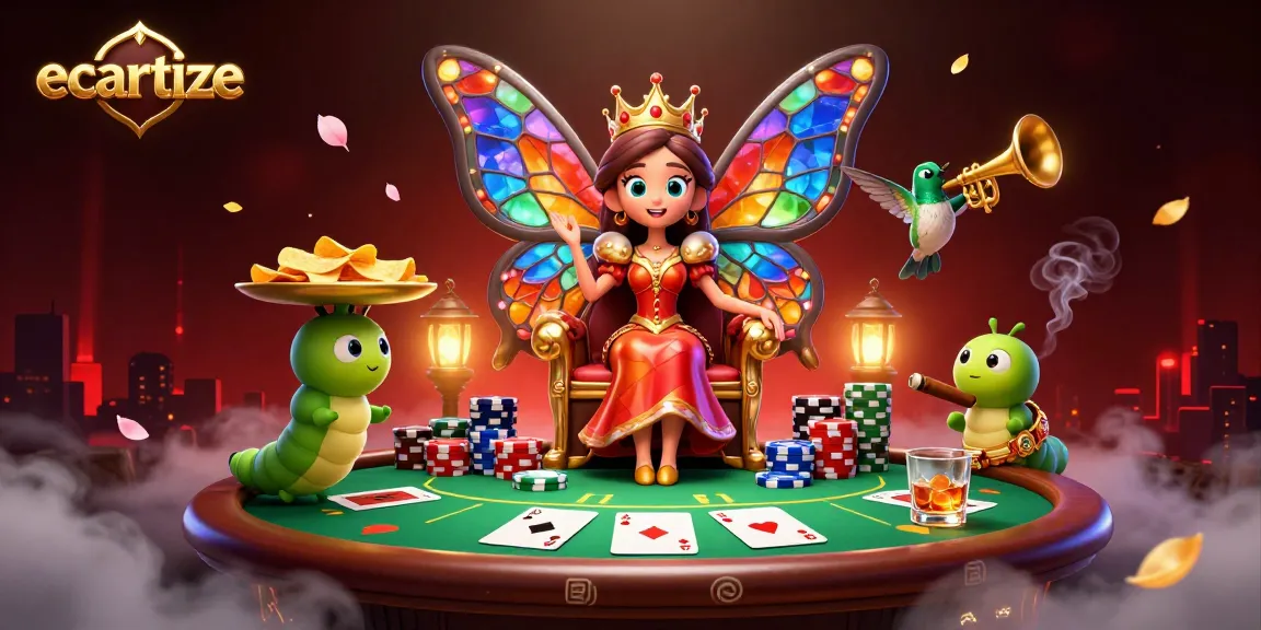 Experience exciting gameplay with ecartize's vibrant casino scene featuring the butterfly queen and poker elements.