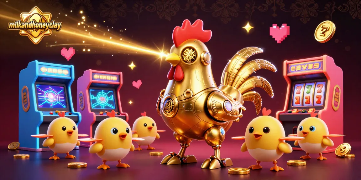 Engage with milkandhoneyclay's lively gaming scene showcasing a golden rooster robot and arcade elements.