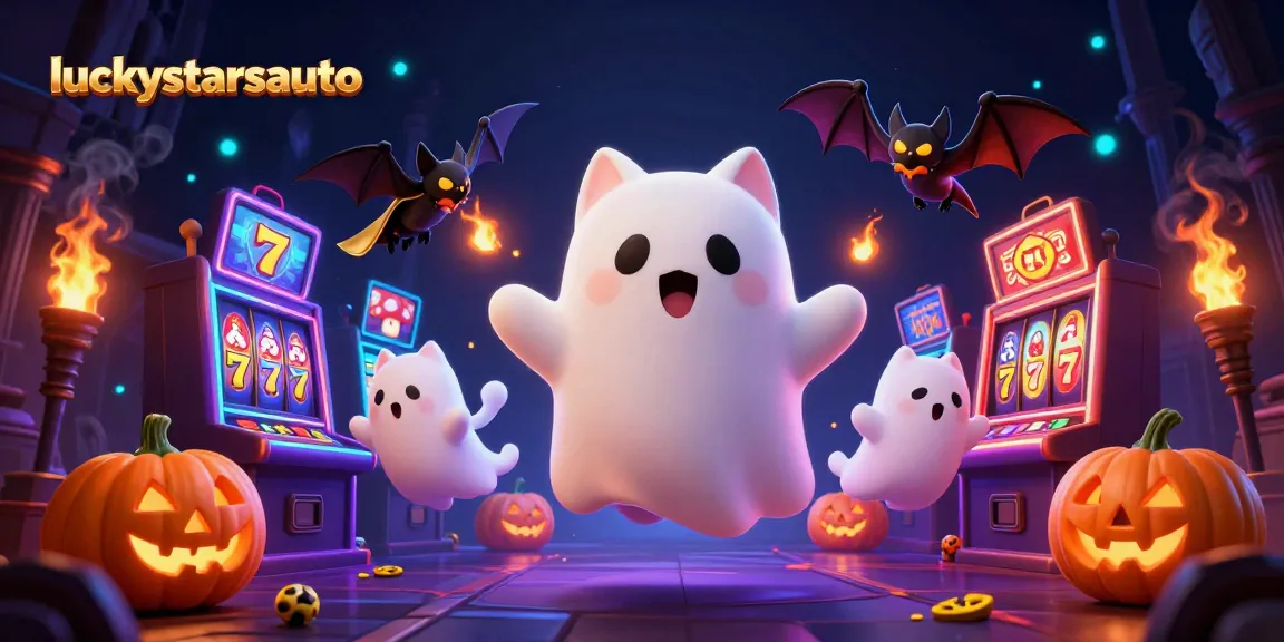 Engage with luckystarsauto at the haunted casino, where a friendly ghost cat and bat explore vibrant slot machines.