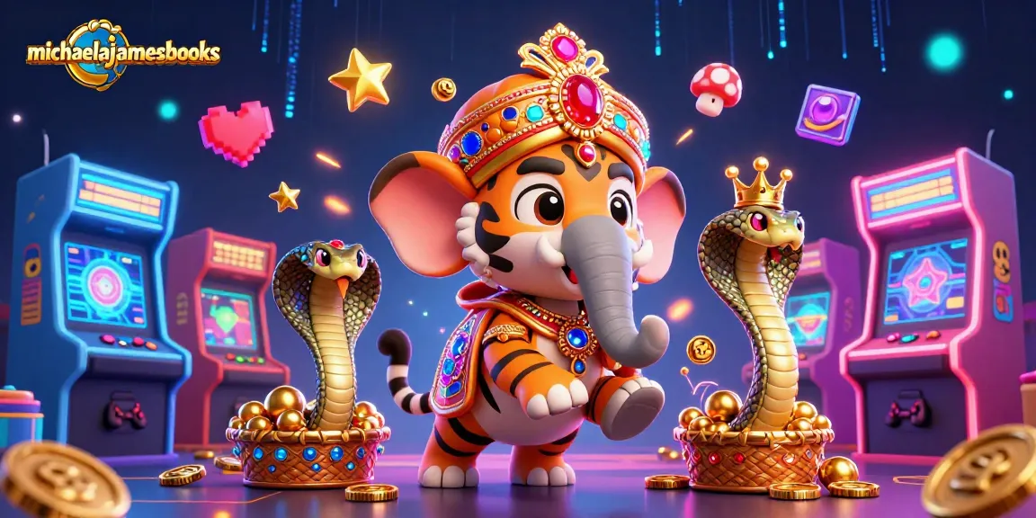 Engage with slots at michaelajamesbooks featuring a dazzling tiger, elephant, and cobra in a vibrant casino scene.