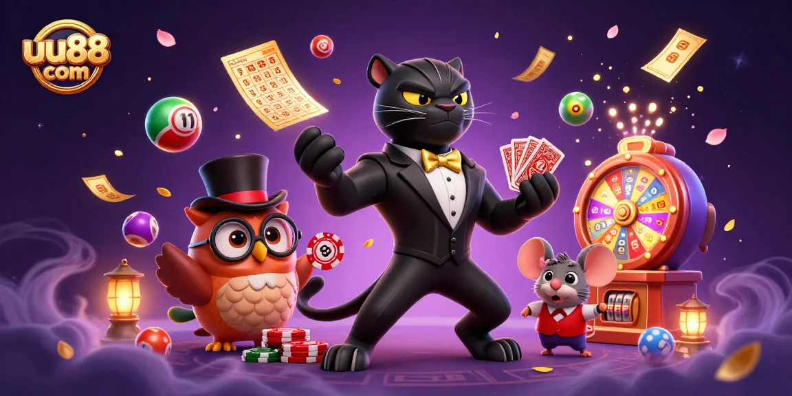 Engage with uu88 com through vibrant gaming scenes featuring lively cartoon characters and casino elements.