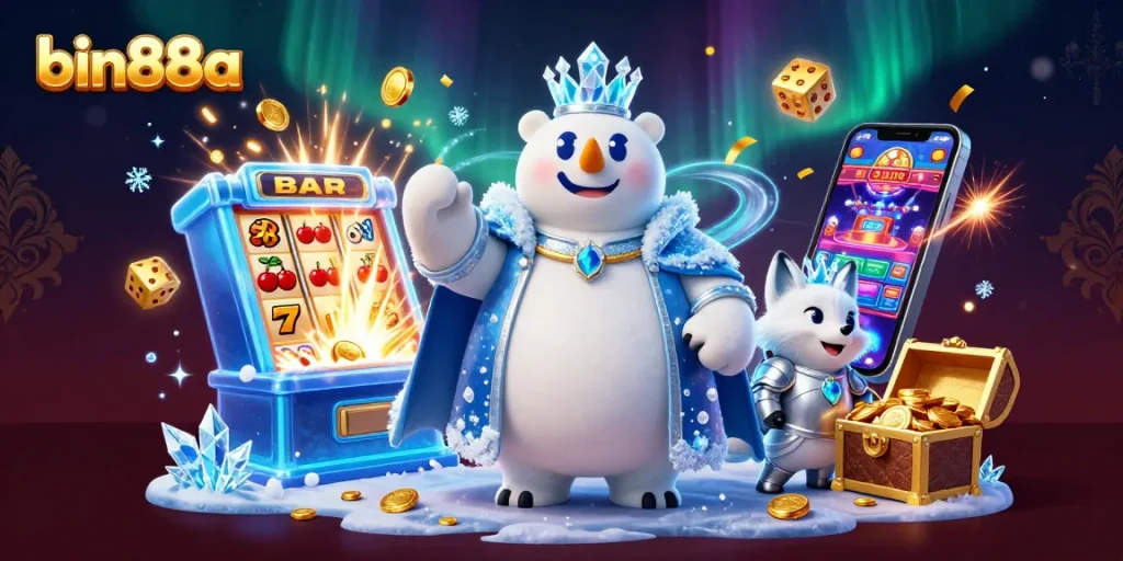 Experience the excitement of bin88a with a dynamic 3D scene featuring a polar bear king and a snow fox in a vibrant casino atmosphere.