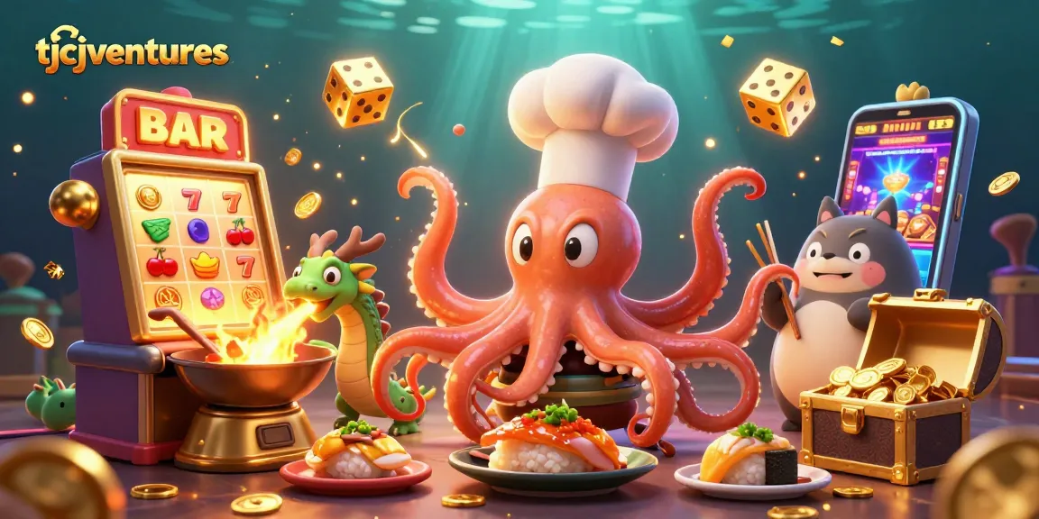 TJCJventures engages players with a vibrant 3D casino scene featuring characters, jackpots, and gold.