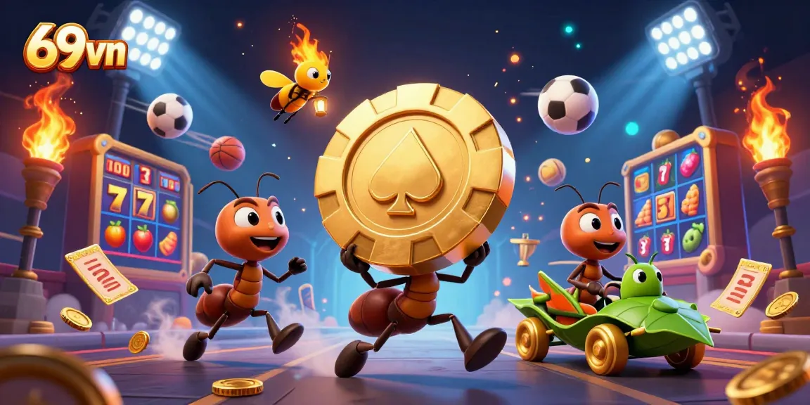 Engage with 69vn's thrilling treasure hunt as ants gleefully transport a giant poker chip.