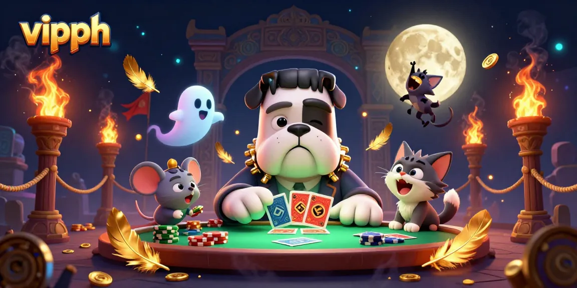 Engage in betting with VIPPH at a spooky table led by a Frankenstein bulldog monster and a werewolf kitten.