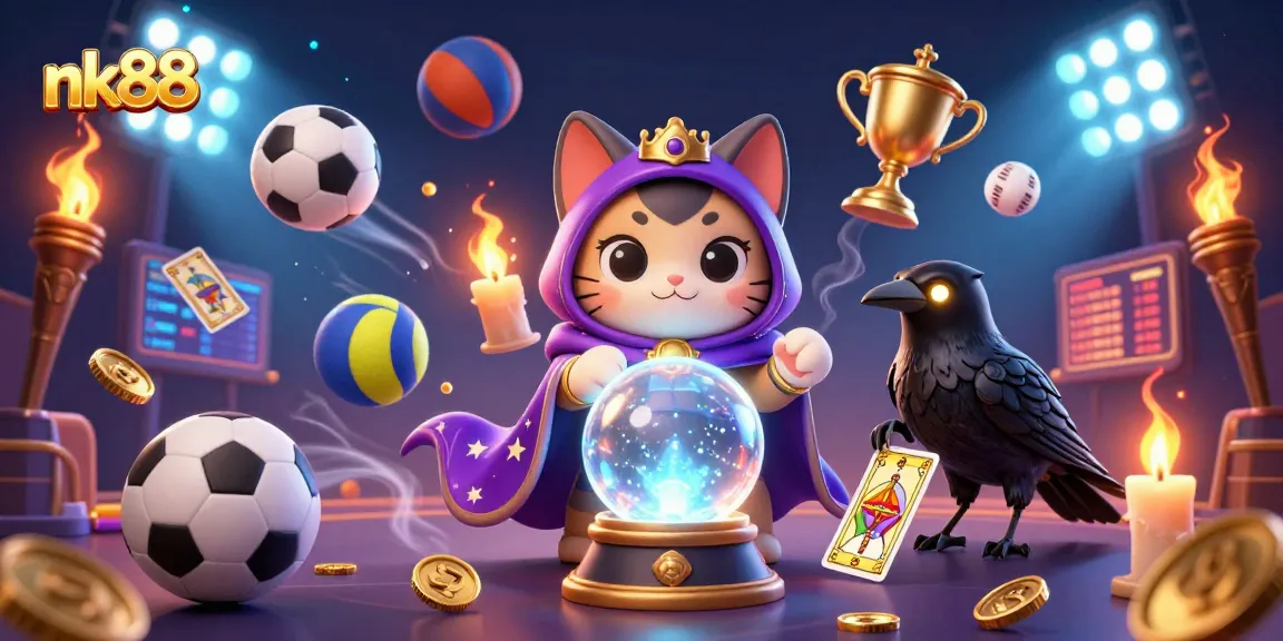 Experience thrilling action at nk88 with our vibrant casino illustration showcasing fortune tellers and sports elements.