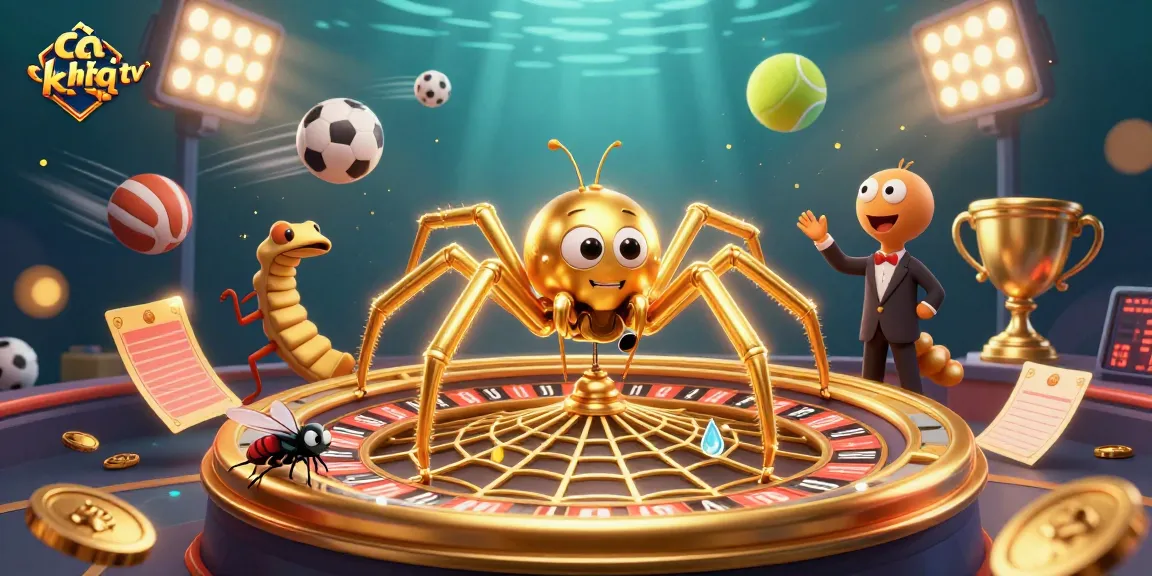 Engage with cà khịa tv as the golden spider spins a roulette-themed web amidst vibrant sports betting action.
