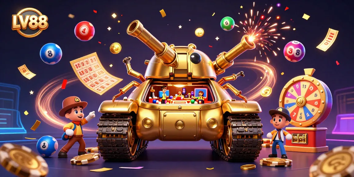 Experience thrill with LV88's vibrant online casino scene featuring a golden beetle tank and festive elements.
