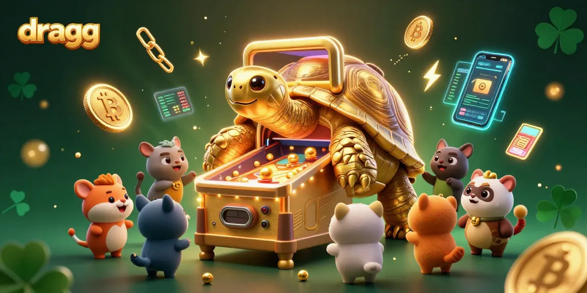 Experience thrilling gameplay in dragg's vibrant 3D illustration featuring a colossal golden tortoise and crypto elements.