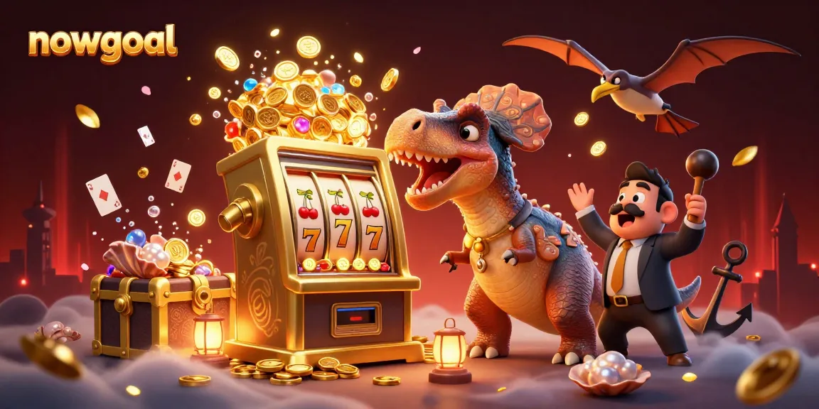 nowgoal illustrates slot excitement with a dinosaur winning jackpot coins in a rich casino scene.