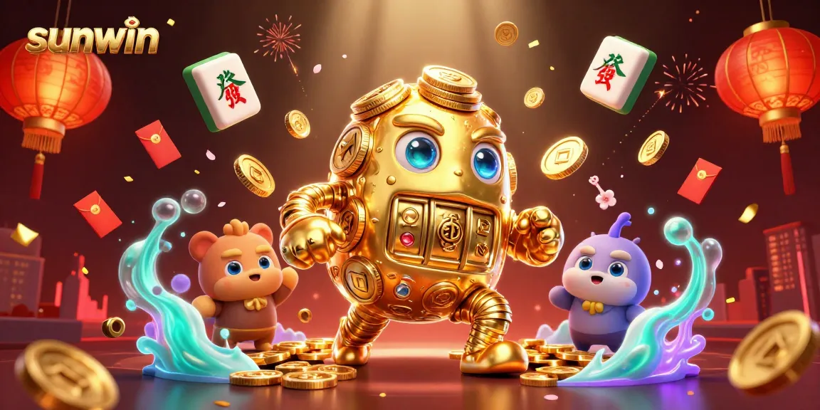 Engage with sunwin's thrilling casino experience illustrated through vibrant 3D gold coin golem and festive elements.