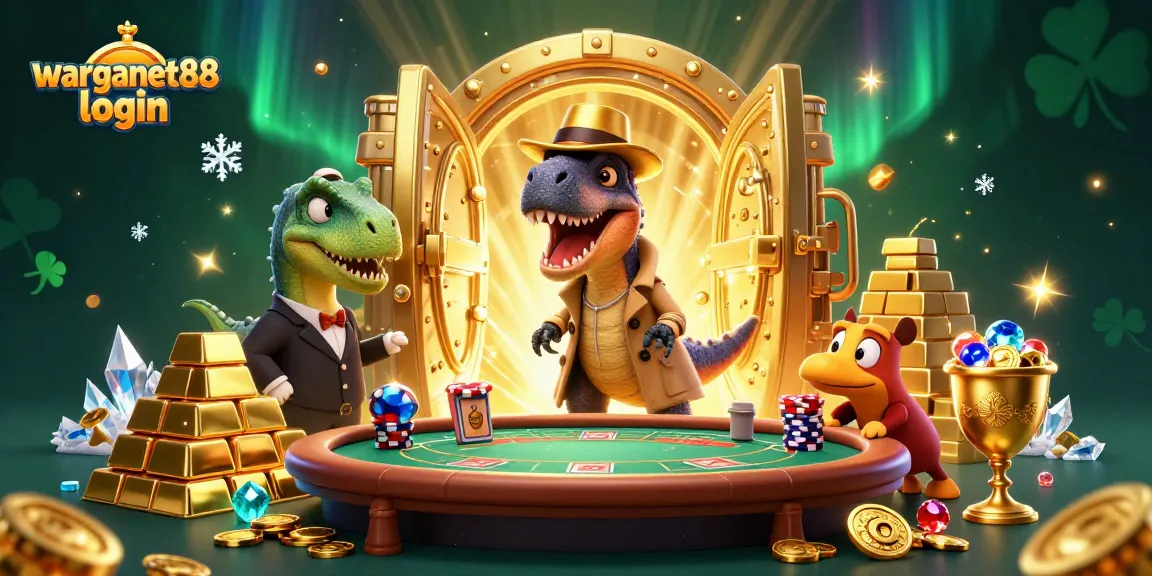 Engage with warganet88 login in a vibrant casino scene filled with animated characters and treasures.
