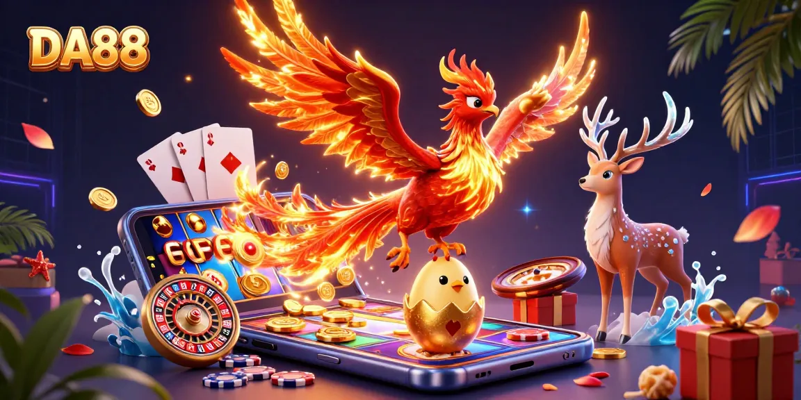 Experience thrilling spins with DA88 amidst vibrant casino elements and a fiery phoenix scene.