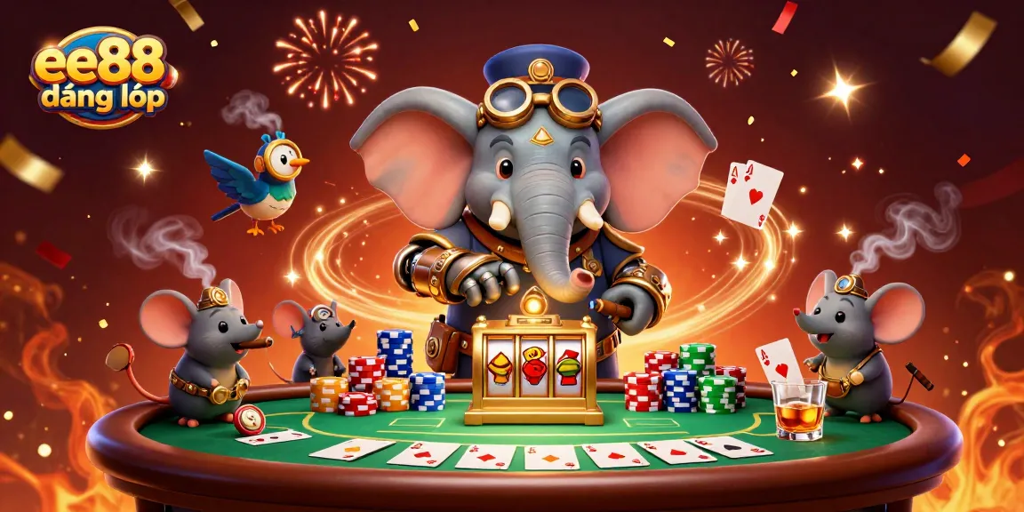 Experience ee88 đăng nhập with a cartoon elephant engineer at a vibrant casino scene filled with winnings.