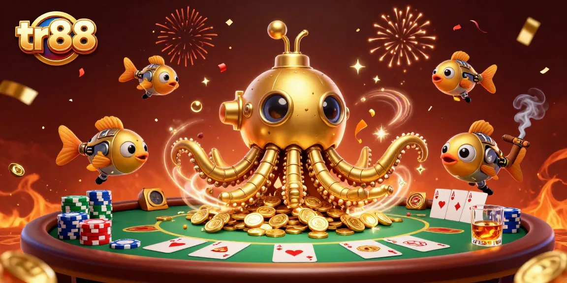 Bet big and win with TR88's vibrant 3D casino illustration featuring card games.