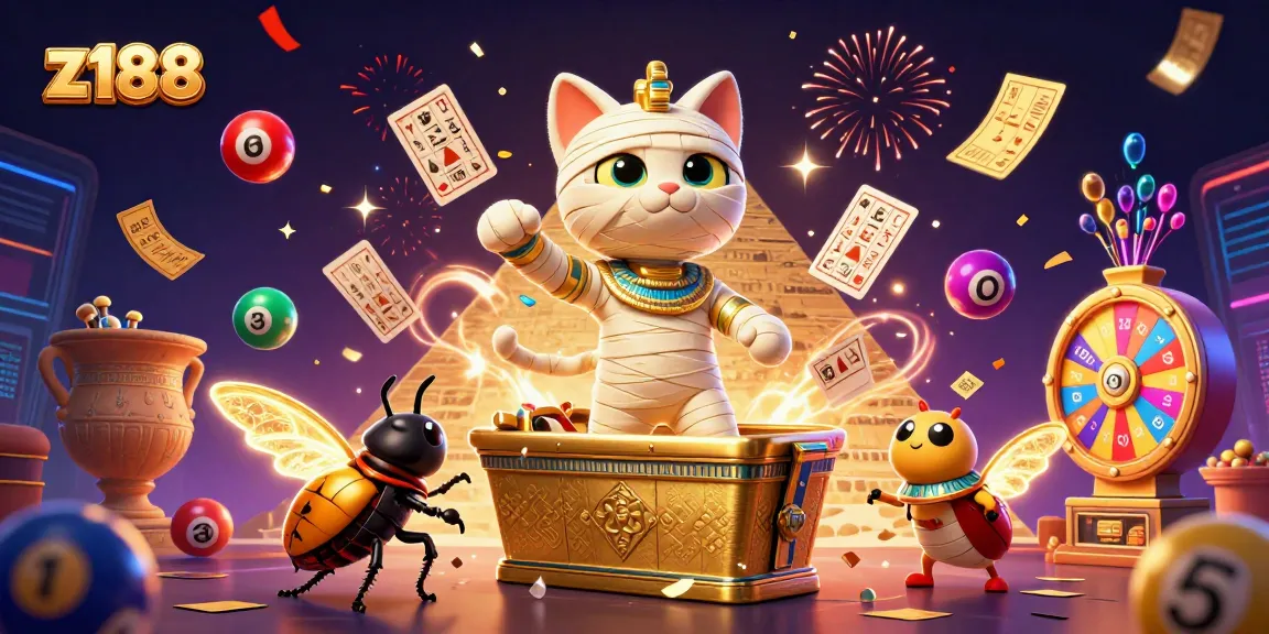 Engage with z188's vibrant casino scene featuring a magical mummy cat, jackpot elements, and celebration!