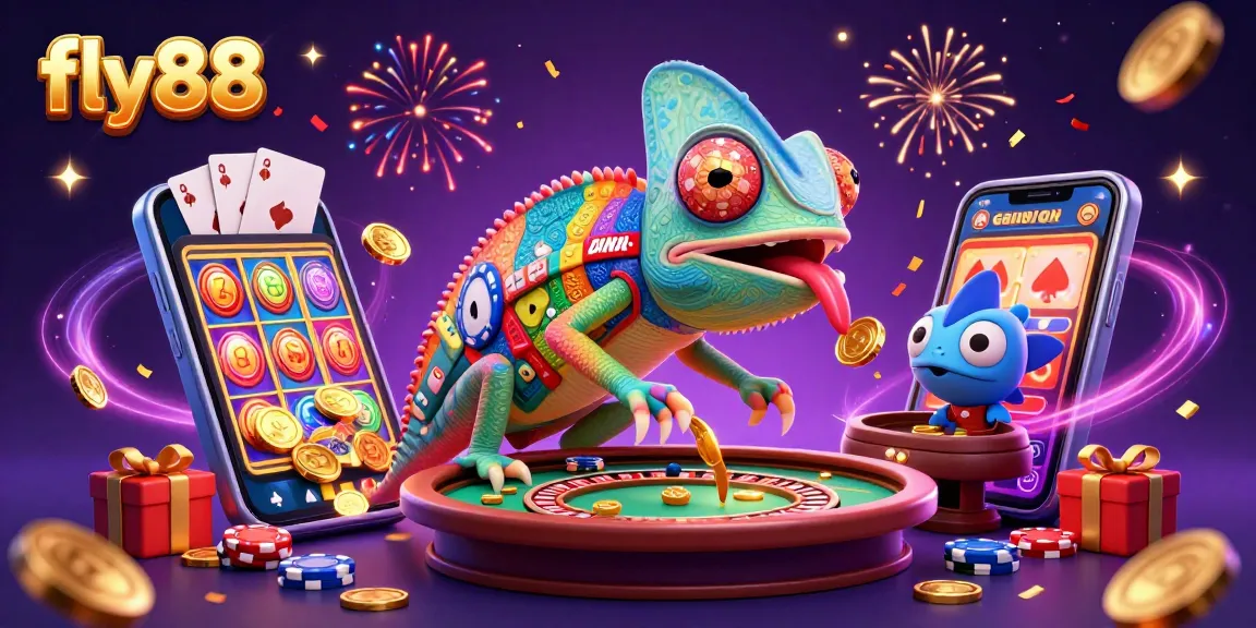 Experience the excitement at fly88 with a vibrant 3D illustration of thrilling casino games and characters.