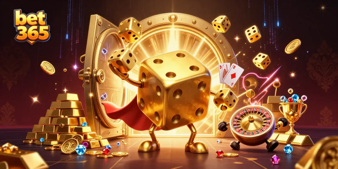 Bet 365 players experience excitement juggling golden dice and gems in a vibrant casino scene.