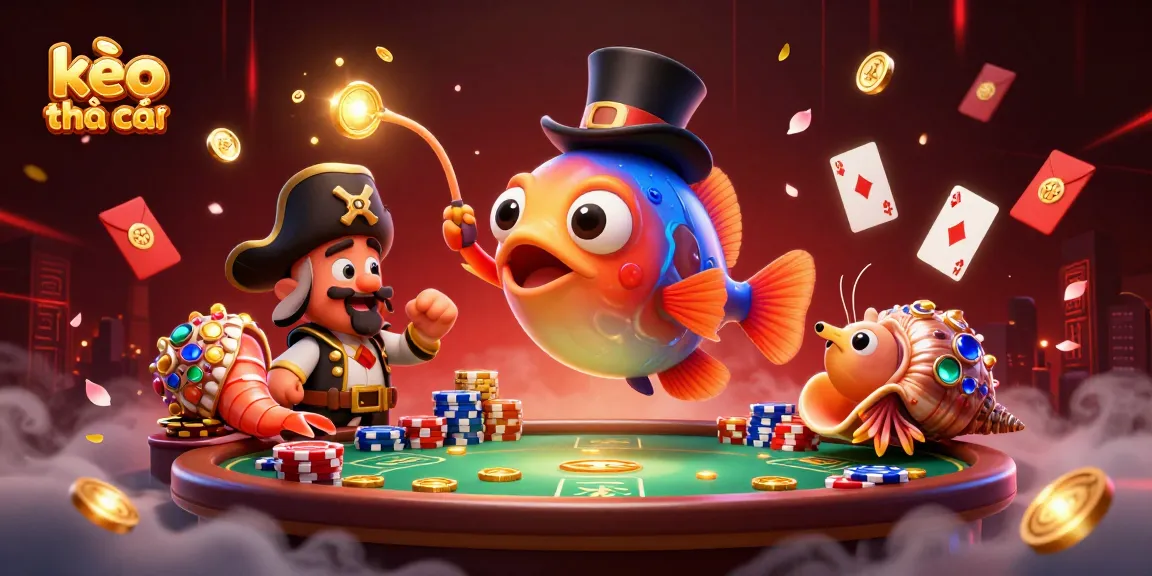 Bet on kèo nhà cái with a dynamic illustration of a glowing anglerfish, pirate shrimp, and treasure snail in a vibrant casino setting.