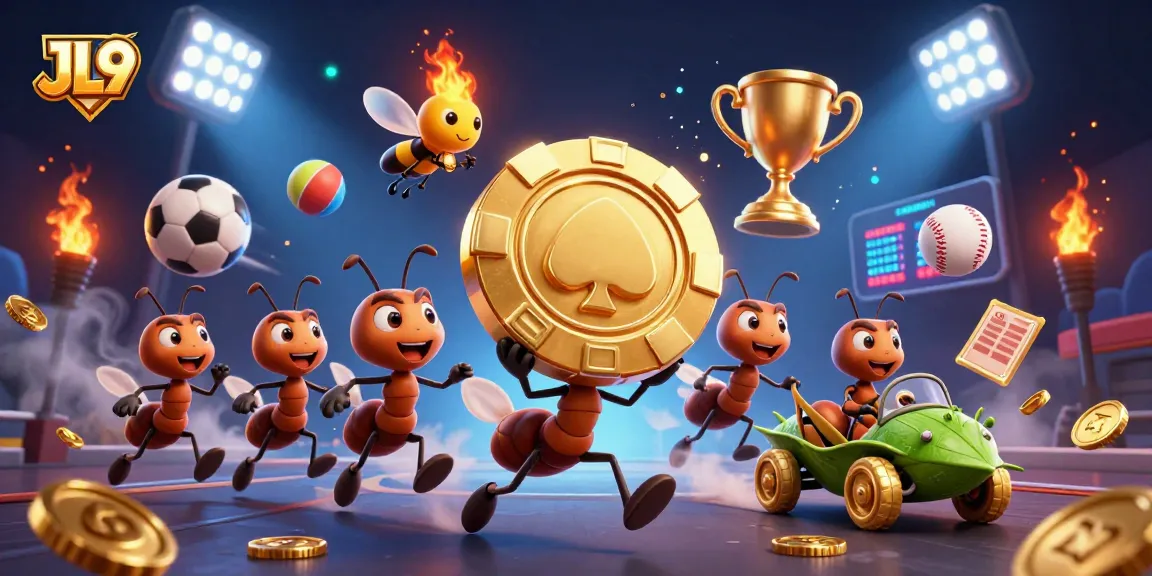 JL9 game-winning ants rushing with a giant poker chip, amidst vibrant sports betting elements.