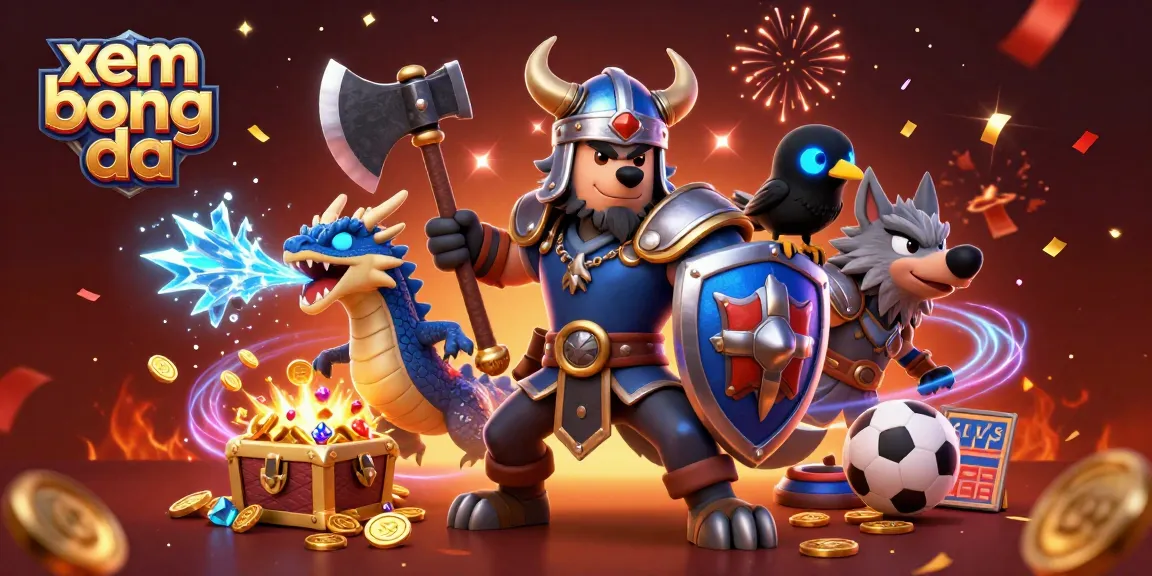 Xem bong da in action with a Viking warrior, ice-breathing dragon, and gold coins explosion.