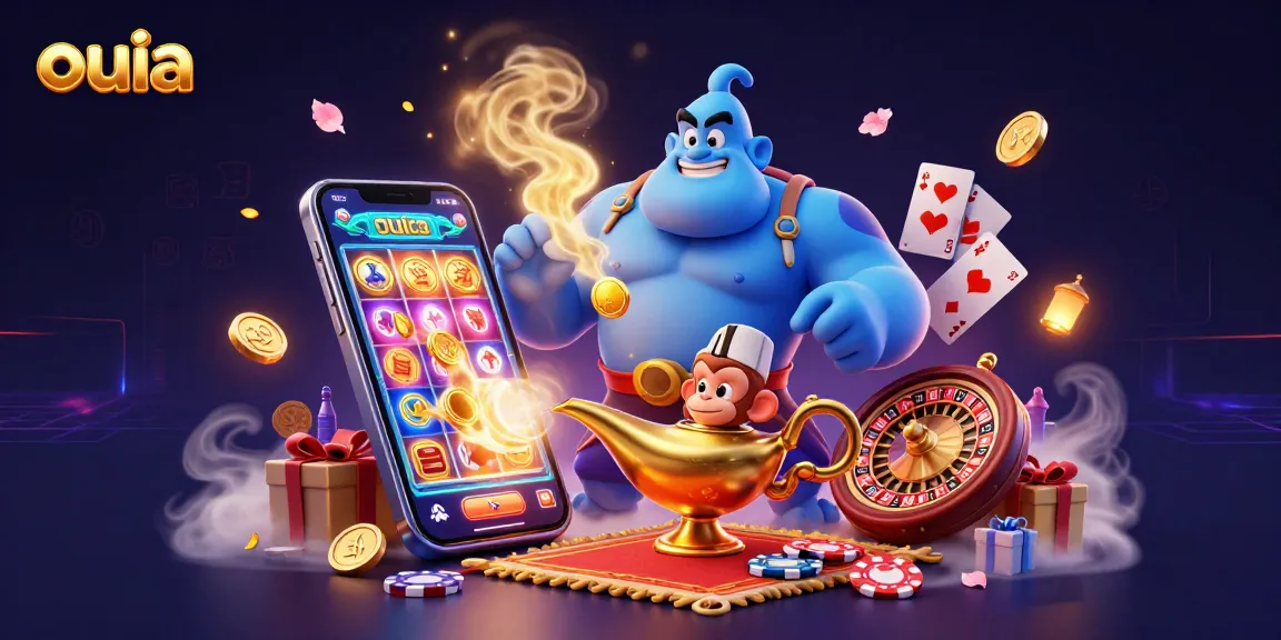 Experience the thrill of gambling with ouia, featuring a genie, poker chips, and colorful slot games.