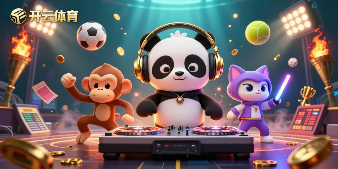 Experience thrilling gaming with 开云体育, featuring a DJ panda, breakdancing monkey, and glow-stick kitten in a vibrant gambling scene.