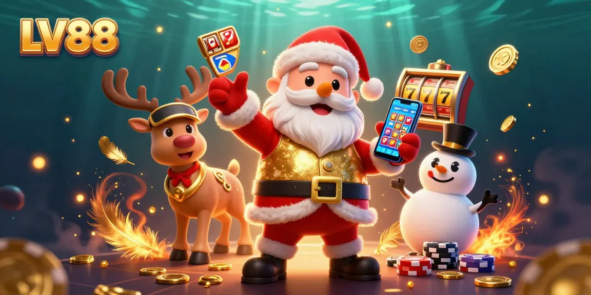 Experience the excitement of LV88's jackpot slots with Santa and friends in a vibrant casino scene.
