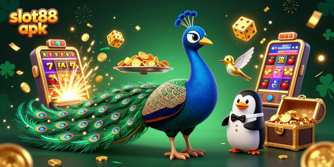 Spin the reels for big wins with slot88 apk featuring a lavish peacock and vibrant casino symbols.