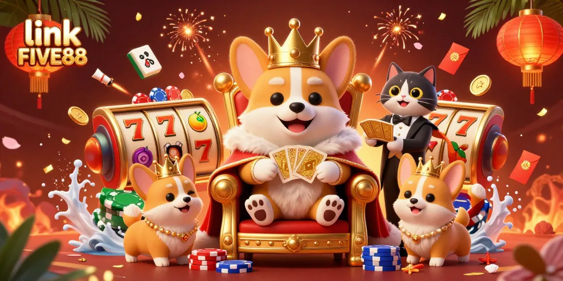 Experience excitement and win big with link FIVE88 in a lively casino-themed illustration featuring royalty.