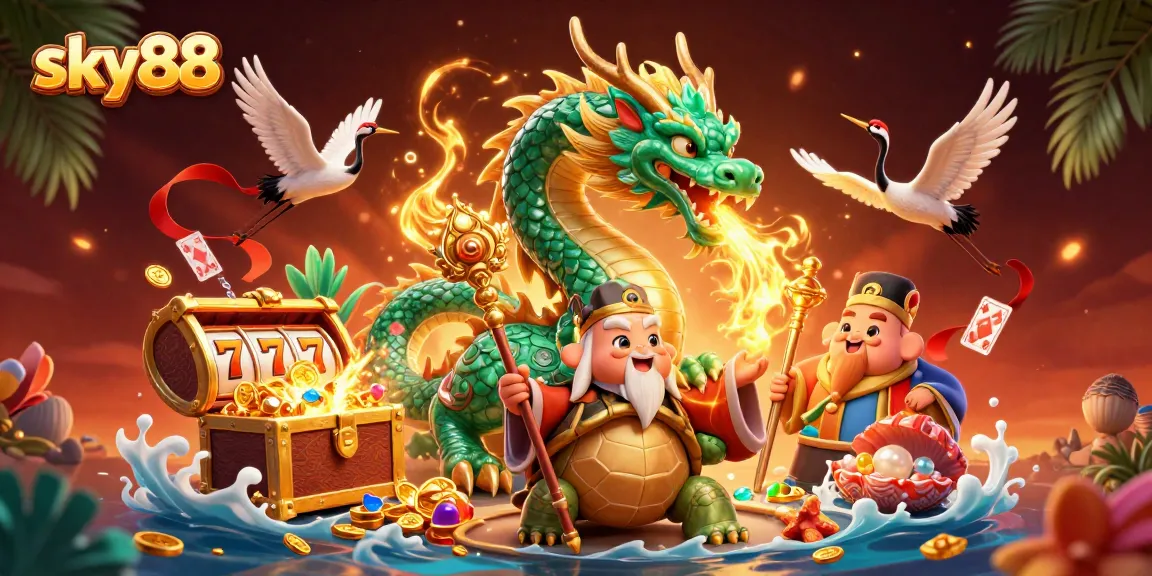 Experience thrilling wins with Sky88's vibrant casino scene showcasing exciting slot games and dynamic characters.