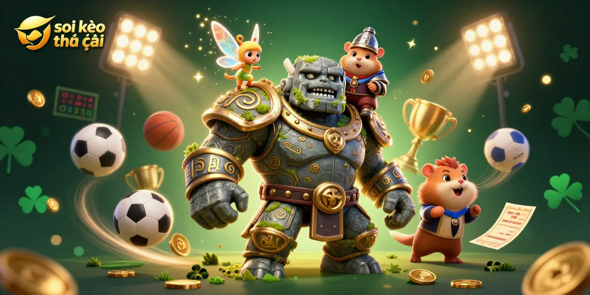 Engage in thrilling sports predictions with soi kèo nhà cái, showcasing exciting sports elements and fantasy characters in a vibrant scene.