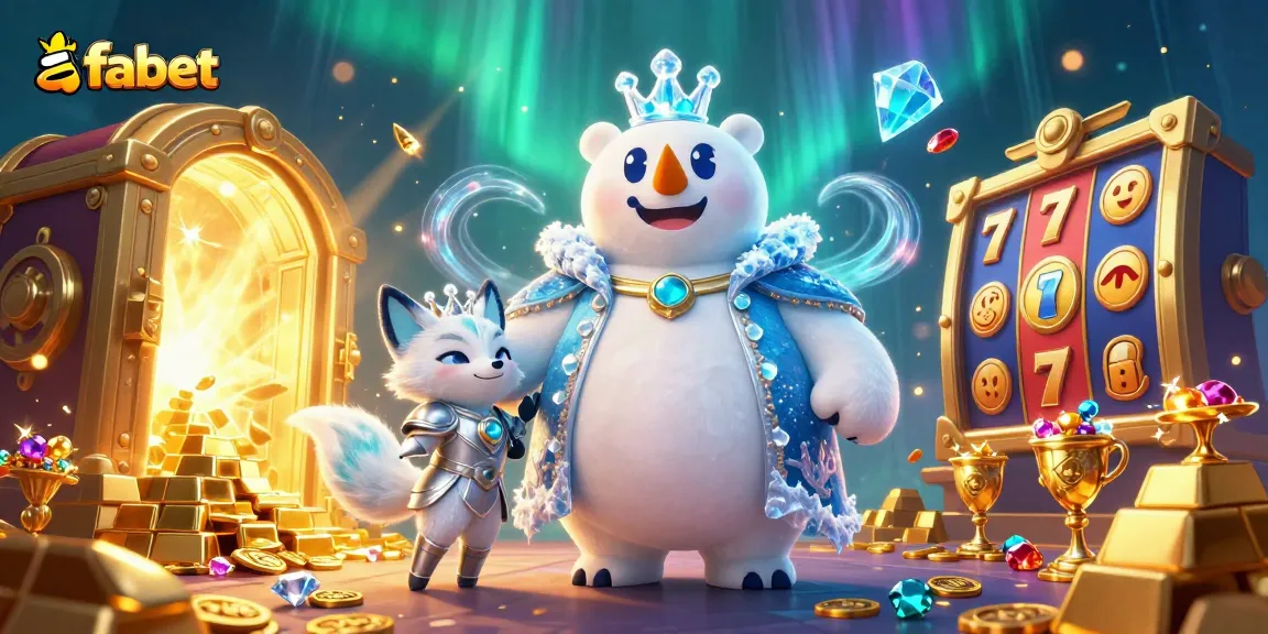 Join the fun at fabet, a vibrant casino scene featuring an ice king bear and a snow fox with dazzling gaming treasures.