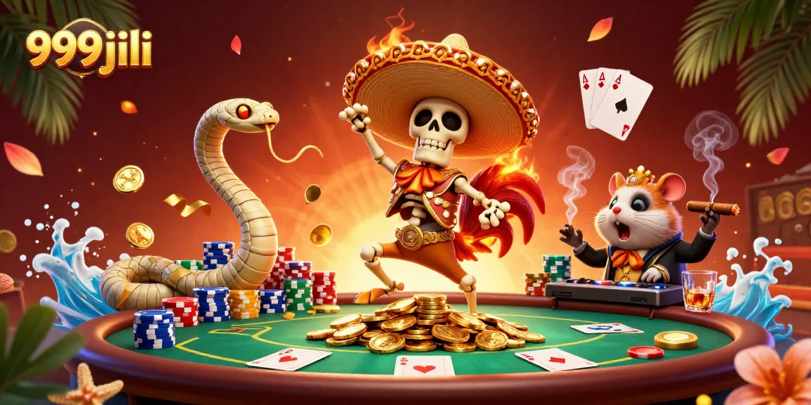 Experience the thrill of winning with 999jili's vibrant casino scene featuring a lively mariachi rooster and exciting poker elements.