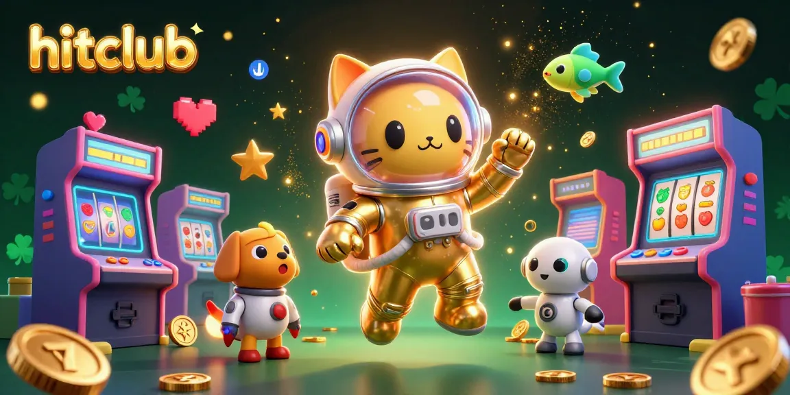 A dynamic hitclub casino illustration featuring a golden astronaut cat, a robot dog, and arcade games scattered amidst sparkling elements.