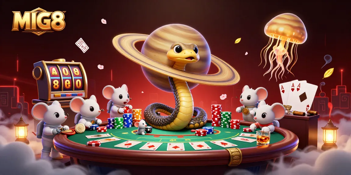MIG8 players betting on a cosmic roulette wheel with a Saturn snake and jellyfish dealer in a vibrant casino scene.