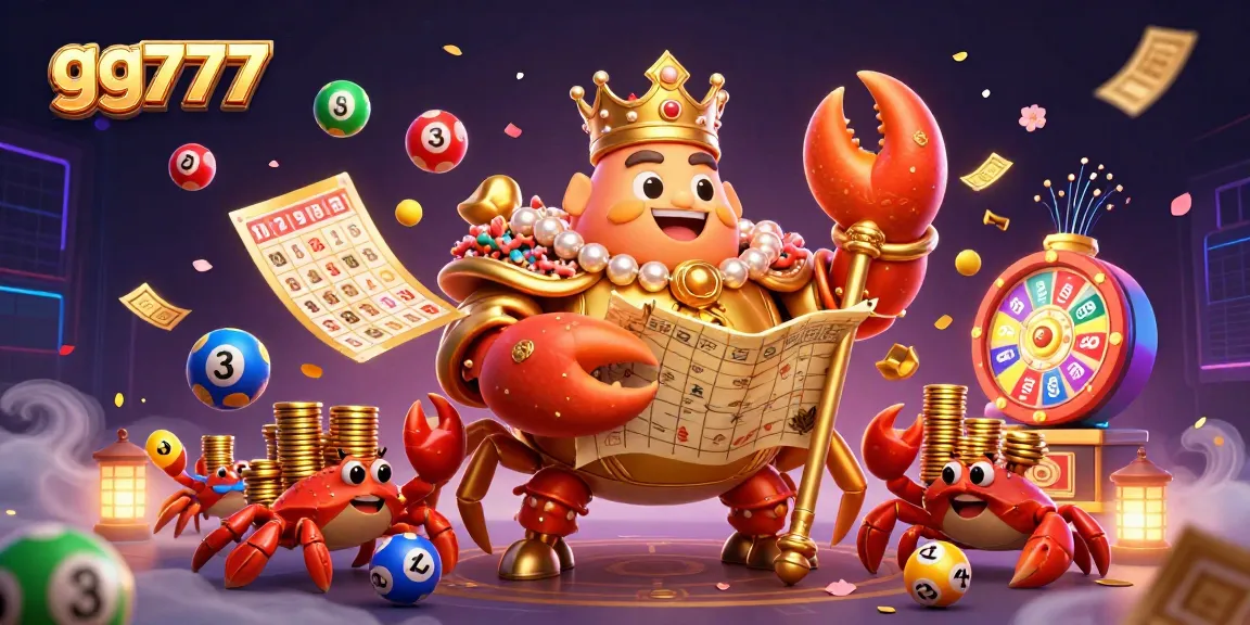 Experience the excitement of gambling with gg777, showcasing an opulent crab emperor and dynamic gaming elements.