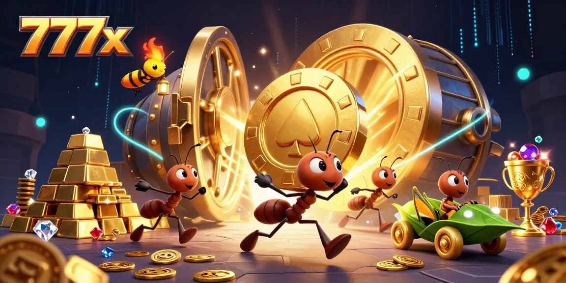 Experience the thrill of 777x with ants stealing a giant poker chip amidst treasures.