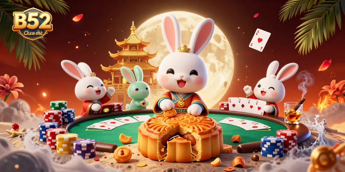 B52 Club chính thức showcases a moon rabbit in a dynamic casino scene, revealing poker chips in mooncakes amidst vibrant casino elements.