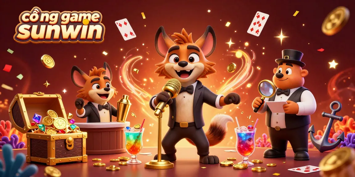 Engage with cổng game sunwin in a vibrant casino illustrated scene featuring hyenas as bartenders, comedians, and bouncers.