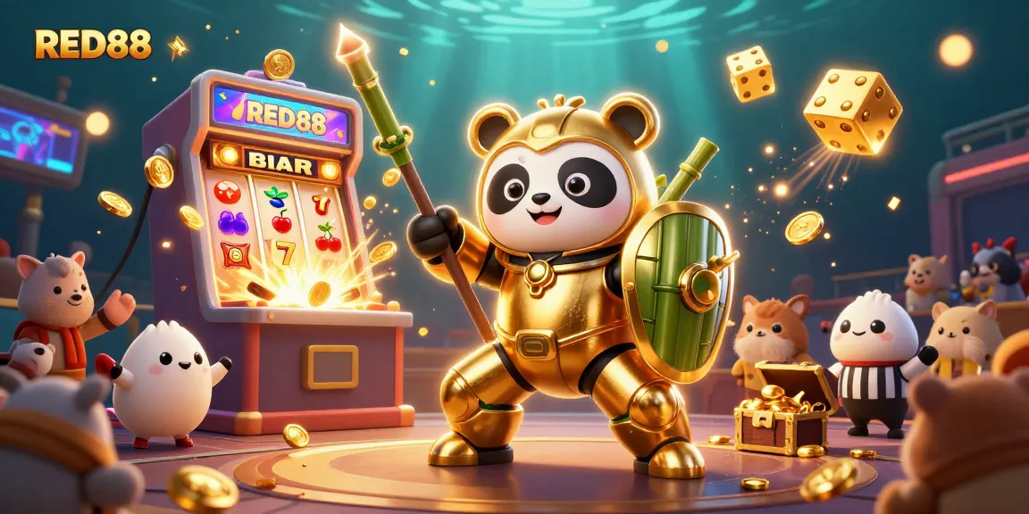 Experience thrilling gameplay at RED88 with an energetic casino scene featuring a golden panda and dynamic slot machines.