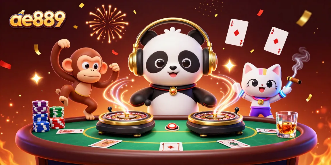 A 3D illustration of a panda DJ and monkey dancing, promoting ae889 casino games with lively poker elements.