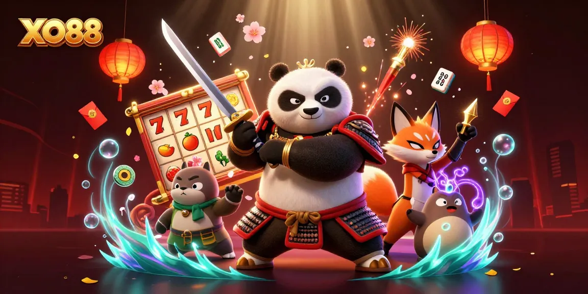 Experience the excitement of XO88 with dynamic characters and thrilling slot reels in a vibrant casino scene.